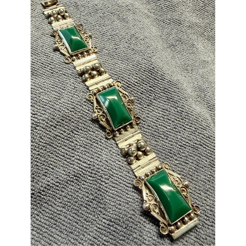Vintage Mid-Century Mexican Sterling Silver Green Onyx Panel Link Bracelet 7 in - Picture 7 of 16